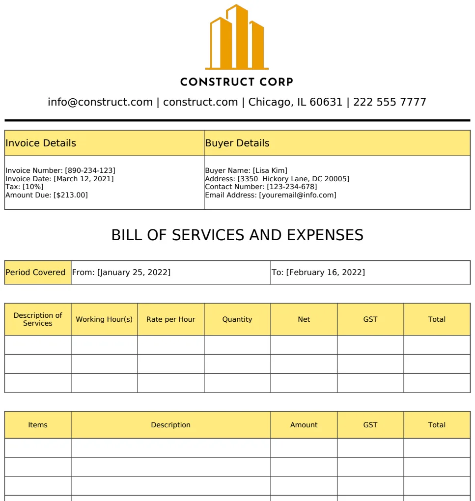 Construction Billing Invoice preview