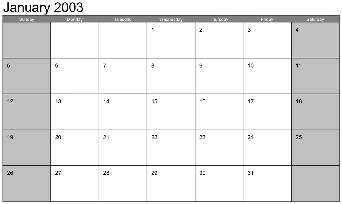 2003 Calendar Template preview