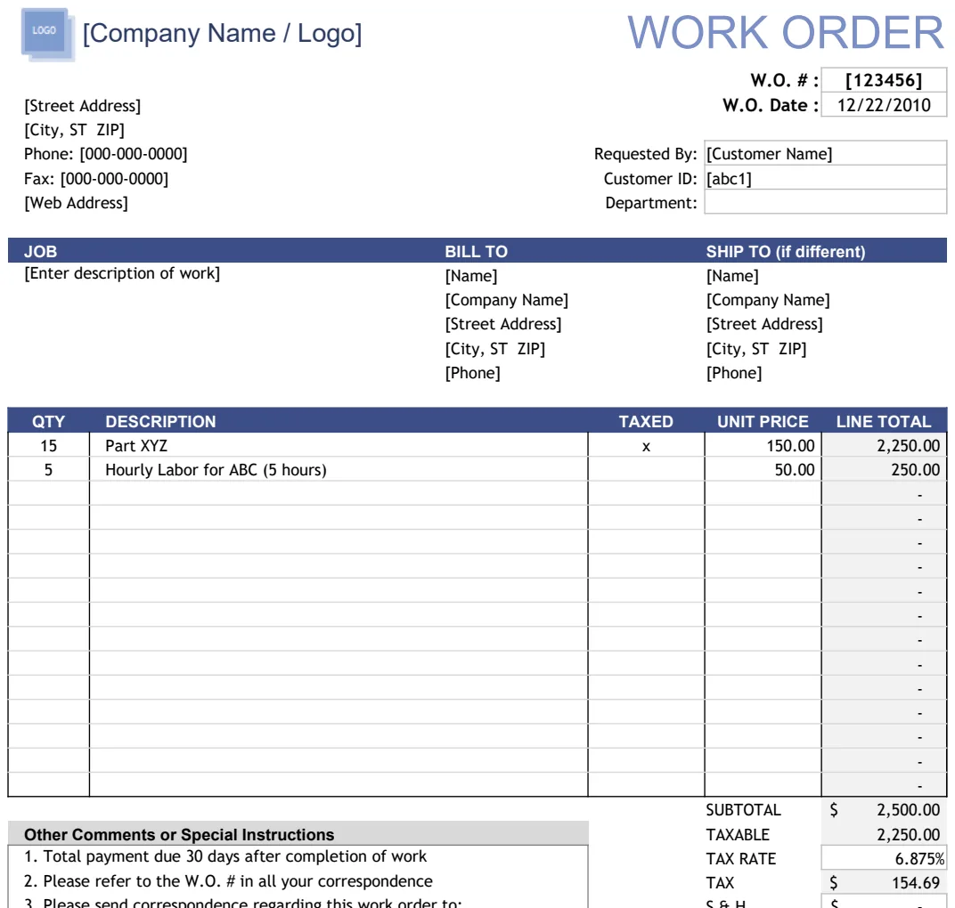 Work Order Template preview