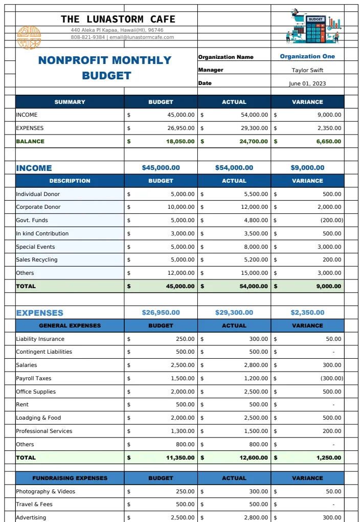 Nonprofit Monthly Budget Template preview