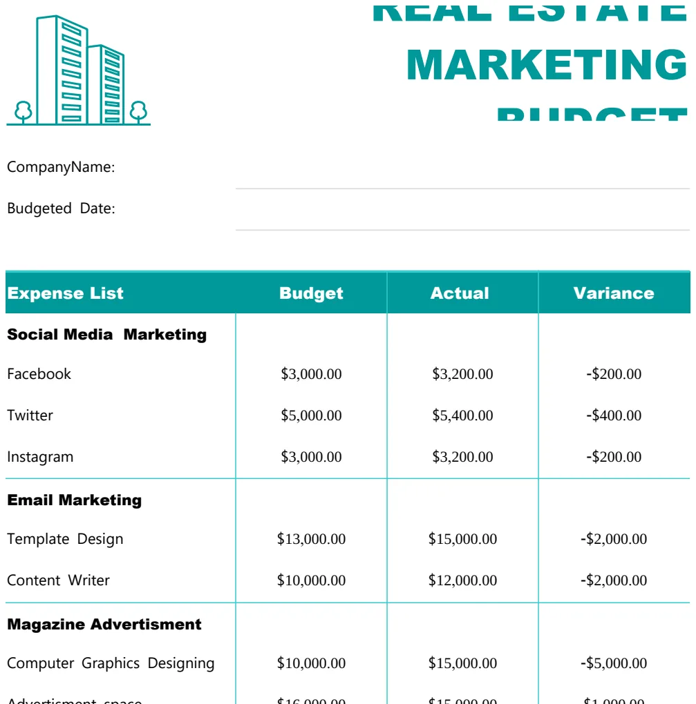 Real Estate Marketing Budget Template preview