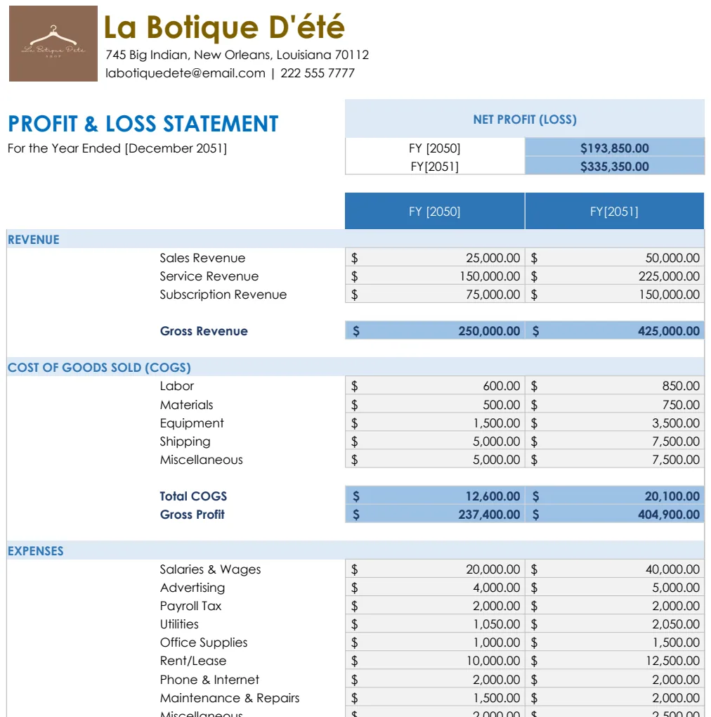 Profit and Loss Template preview
