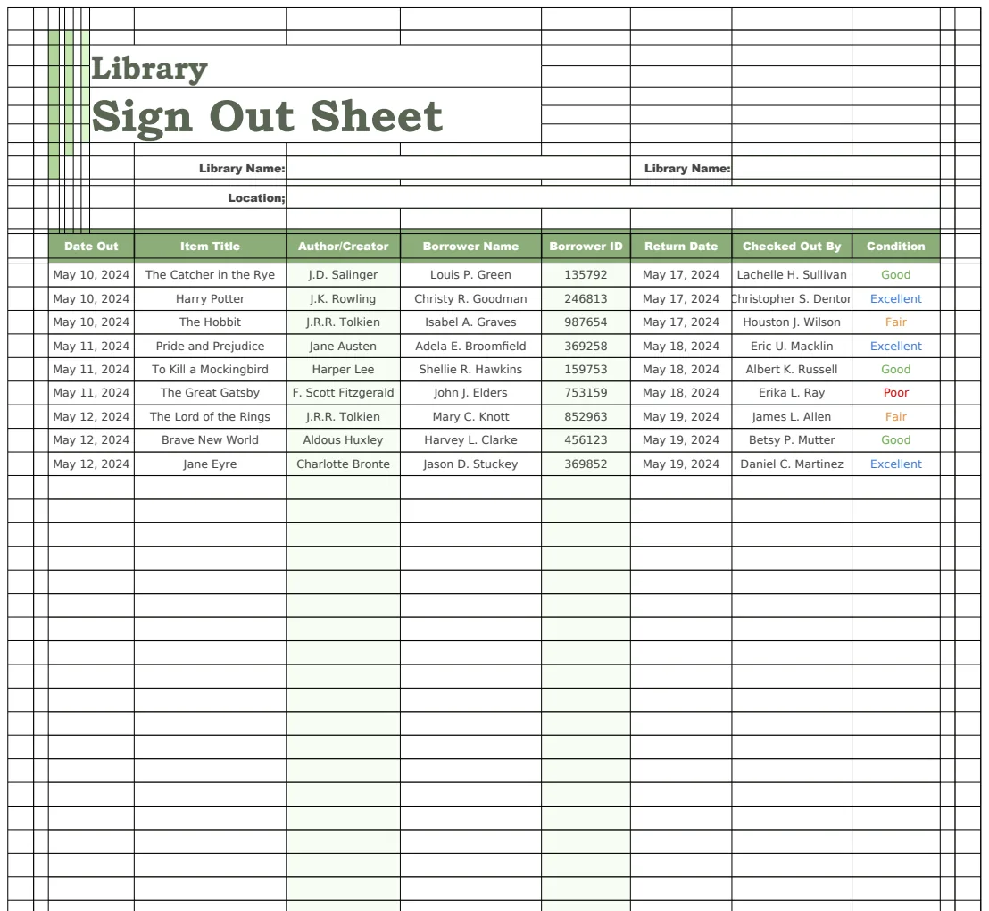 Library Sign Out Sheet Template preview