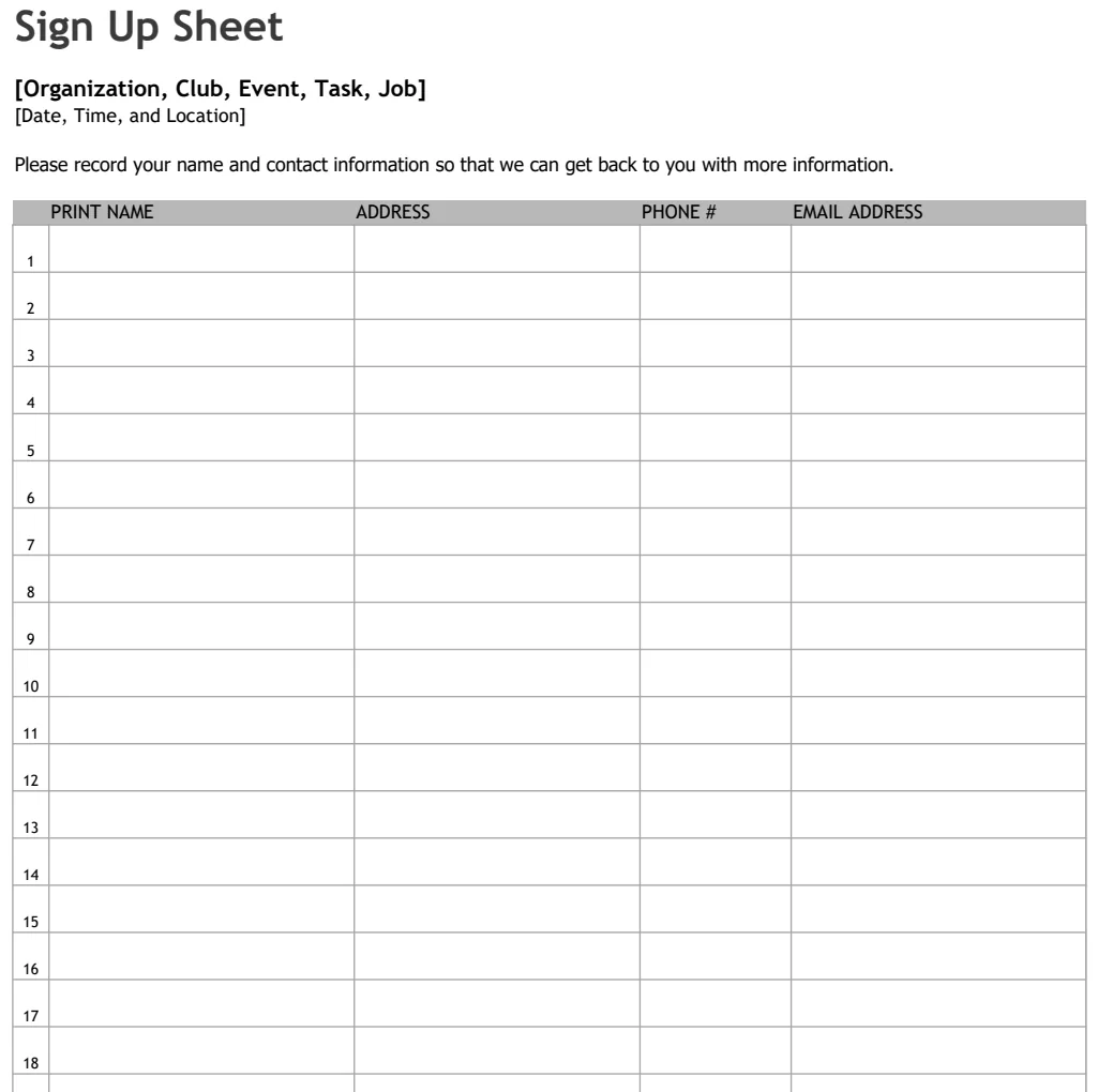 Sign Up Sheet preview