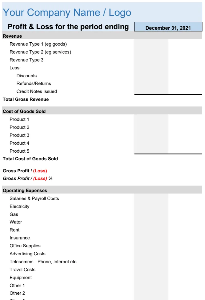 Small Business Profit and Loss Template preview