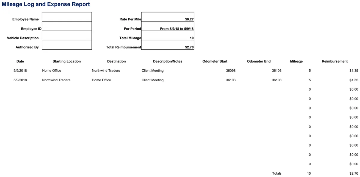 Mileage Log and Expense Report preview