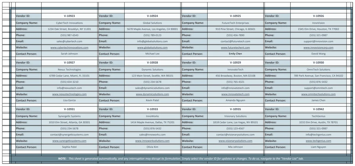 Vendor Contact List Template preview