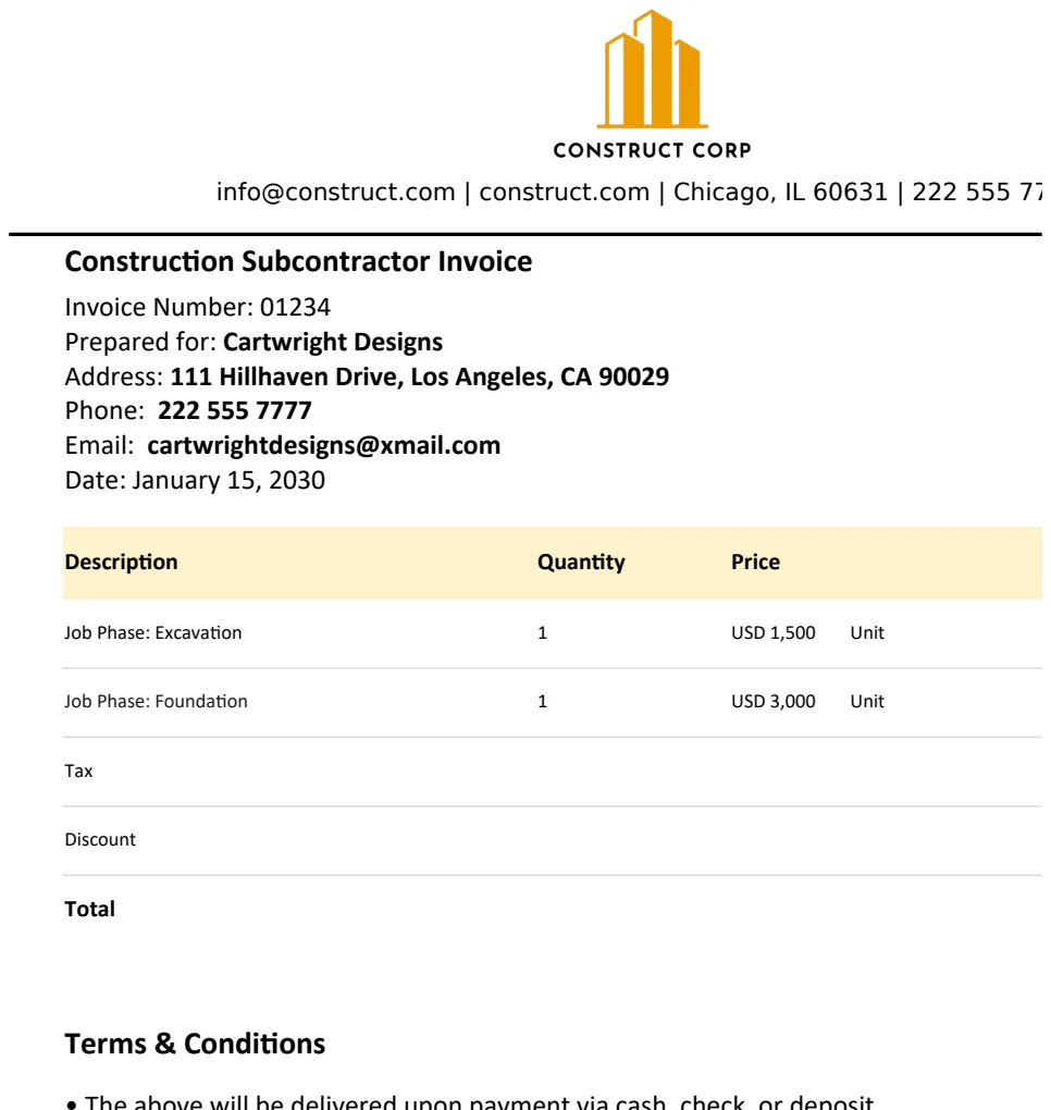 Construction Subcontractor Invoice Template template preview