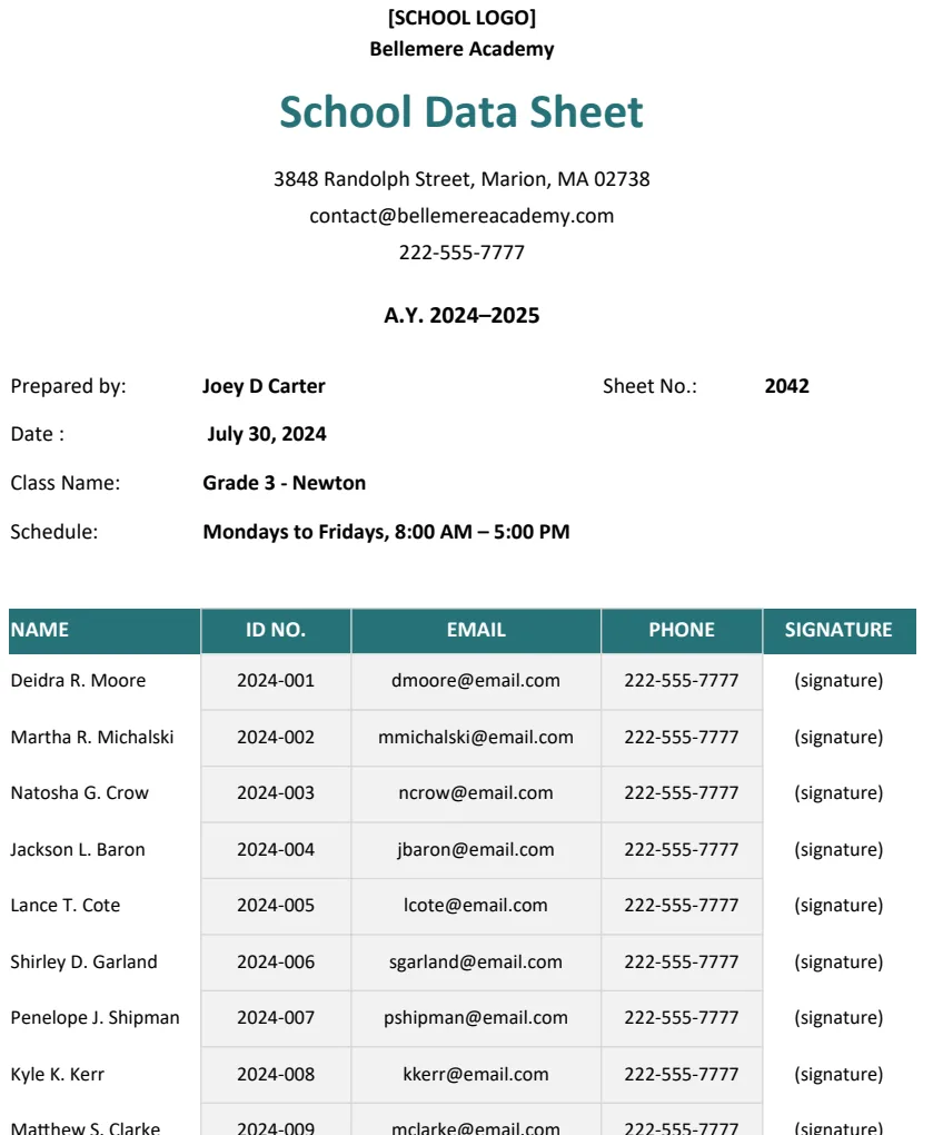 School Data Sheet Template preview