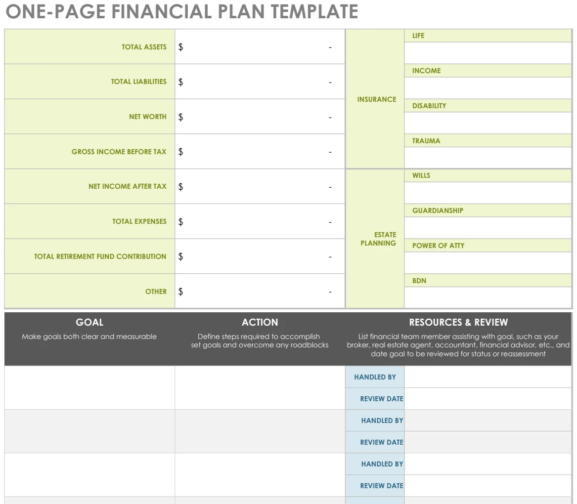 One Page Financial Plan Template preview