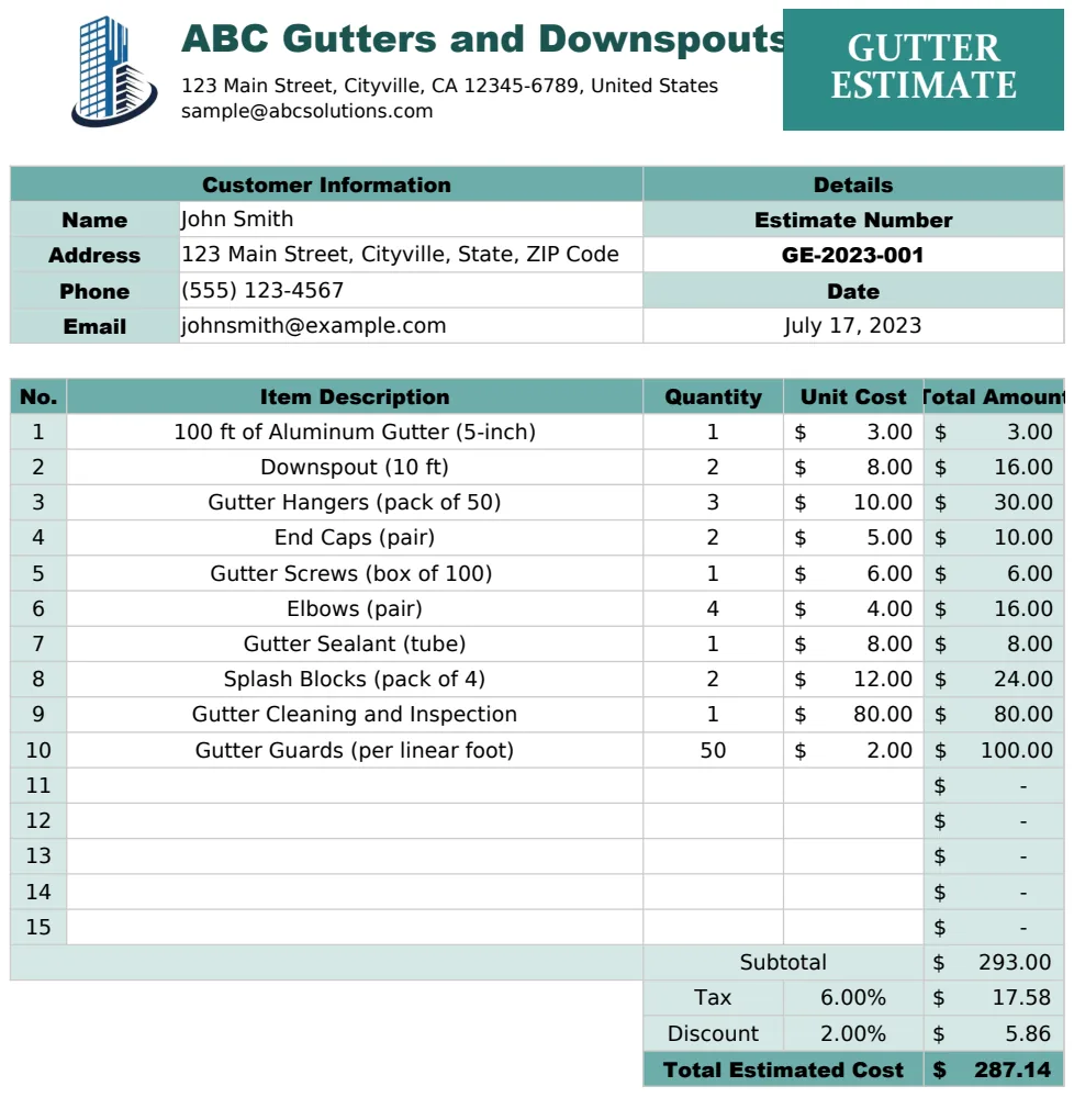 Gutter Estimate preview