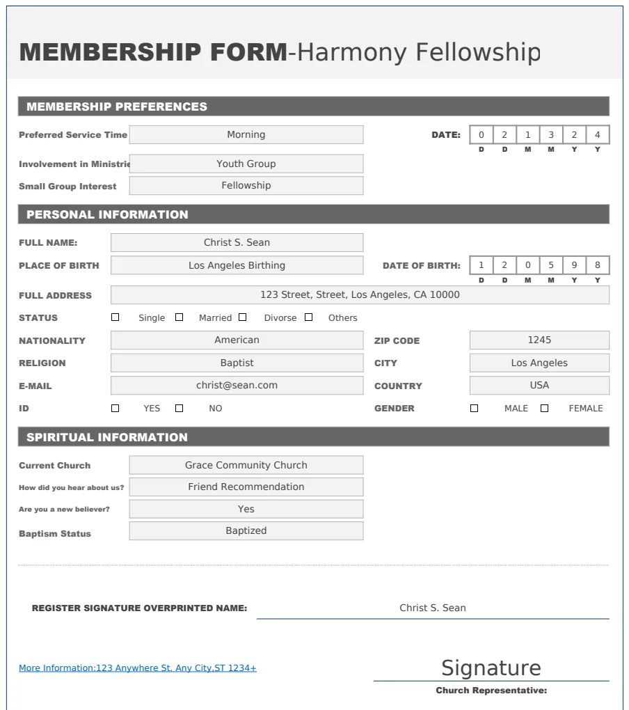 Church Membership Form Template preview