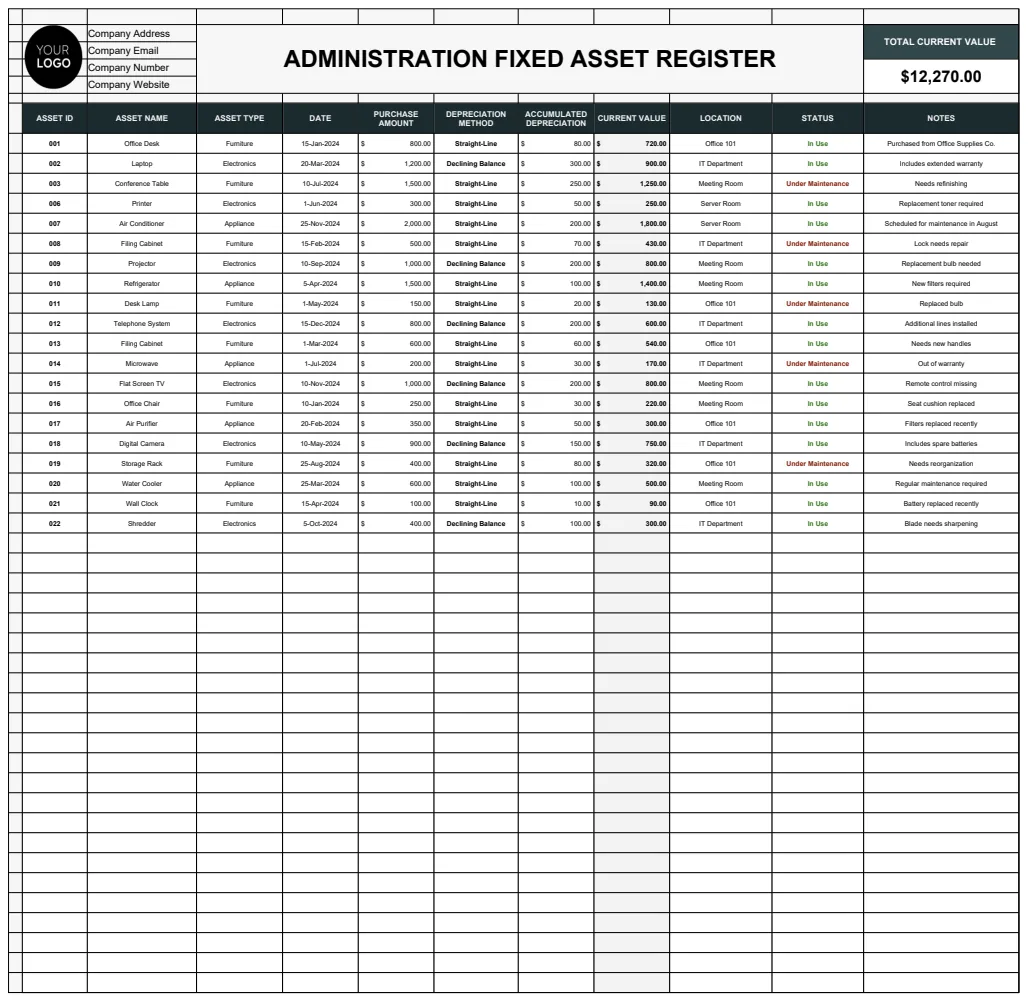 Administration Fixed Asset Register Template preview
