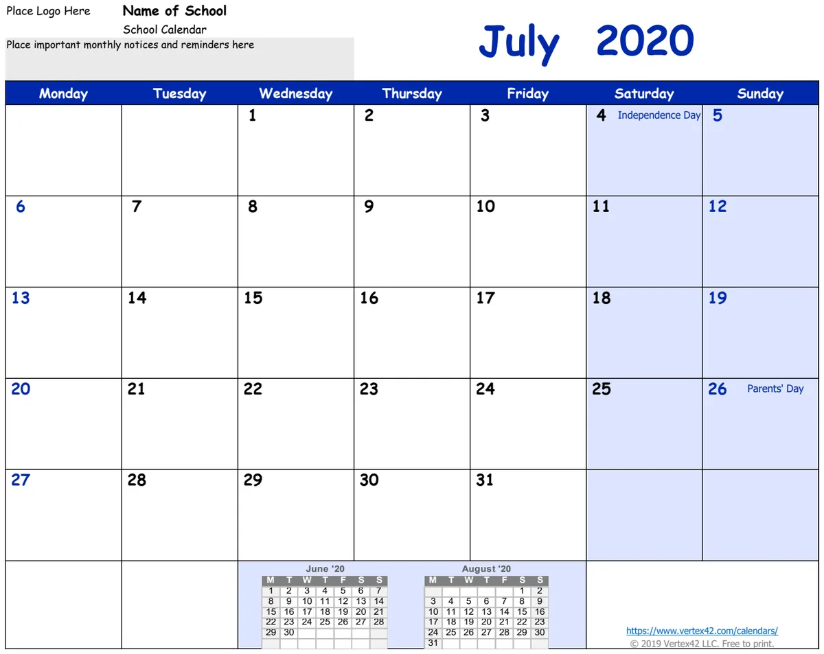 2020-2021 School Calendar (Monthly) preview