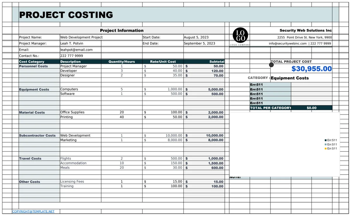 Cost Template preview