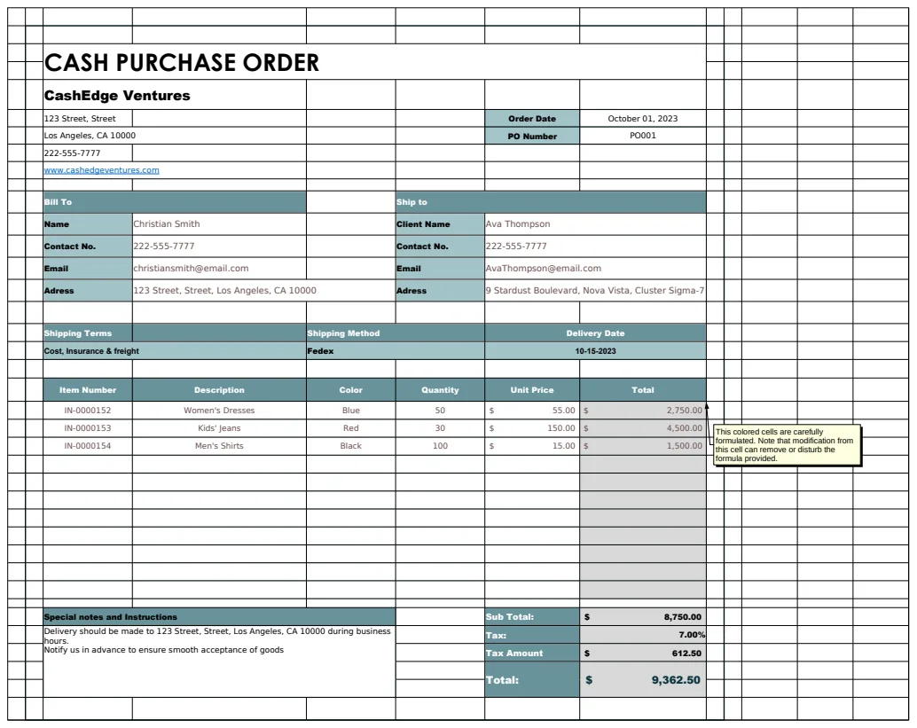 Cash Purchase Order Template preview