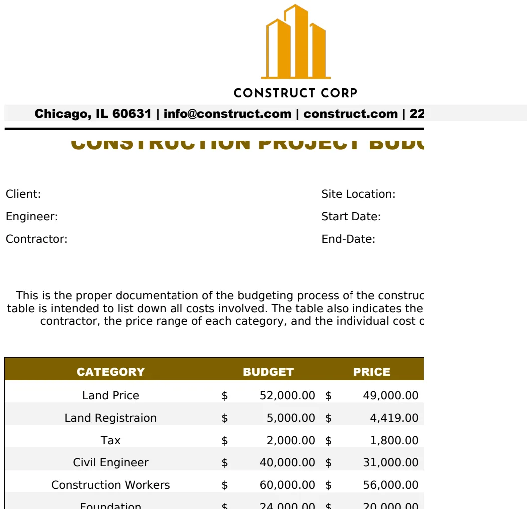 New Construction Project Budget Template preview