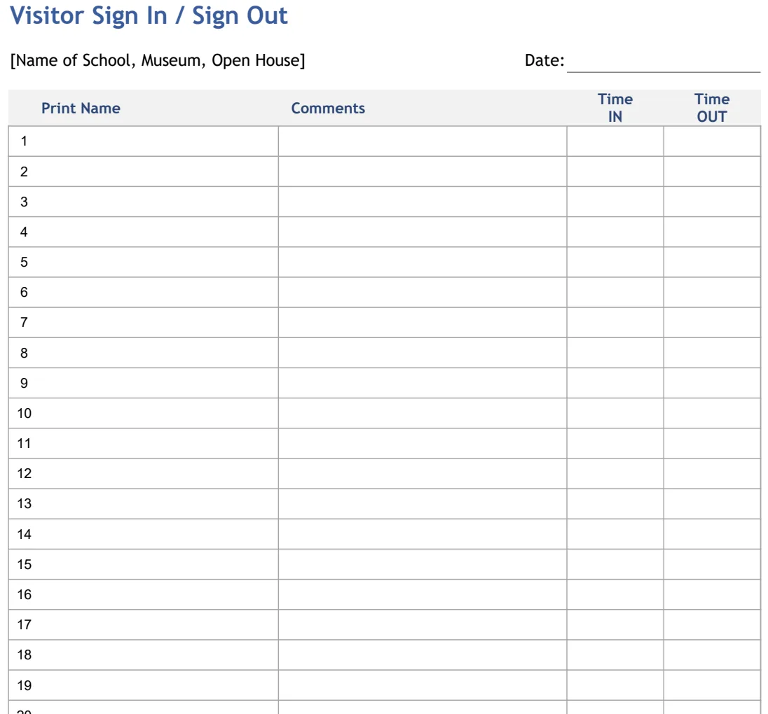 Visitor Sign In/Out Log preview