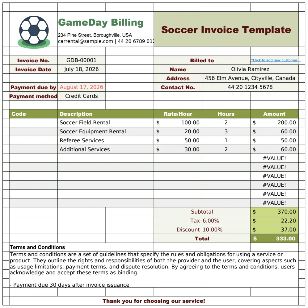 Soccer Invoice Template preview