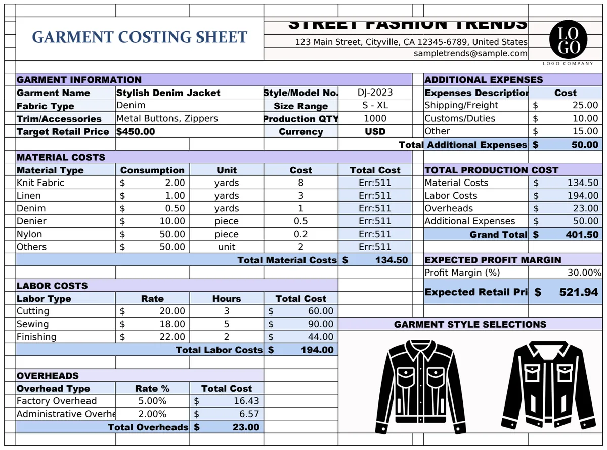 Garment Costing Sheet Template preview
