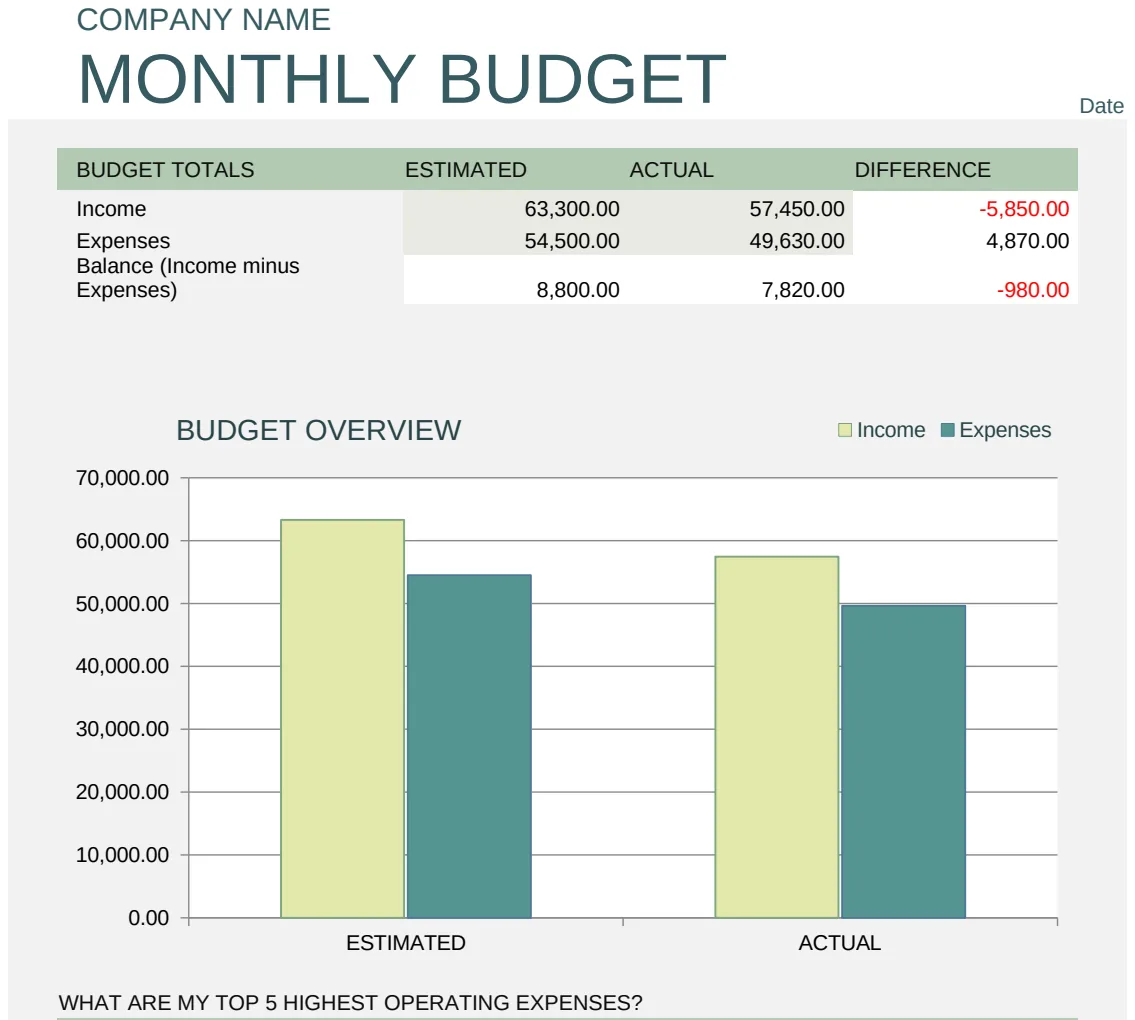 Monthly Company Budget preview