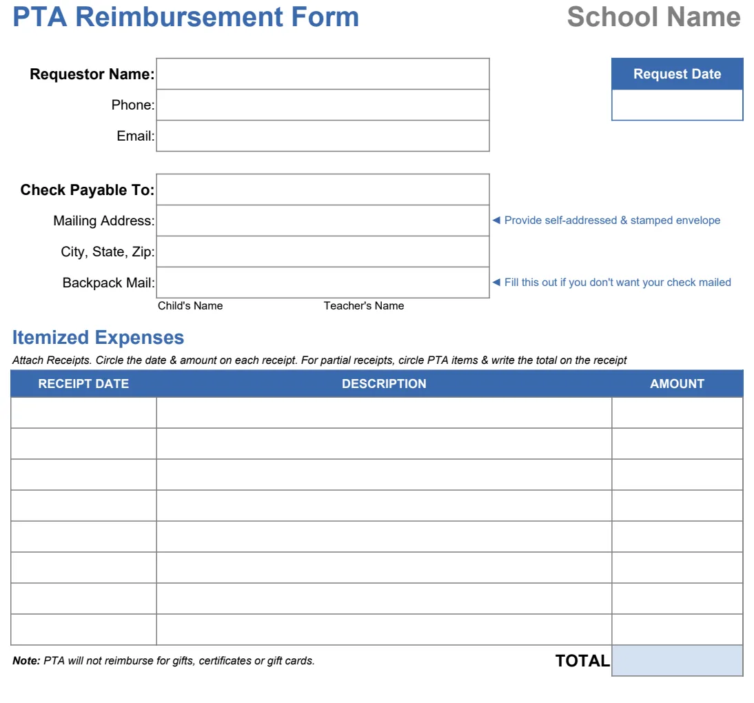 PTA Reimbursement Form preview