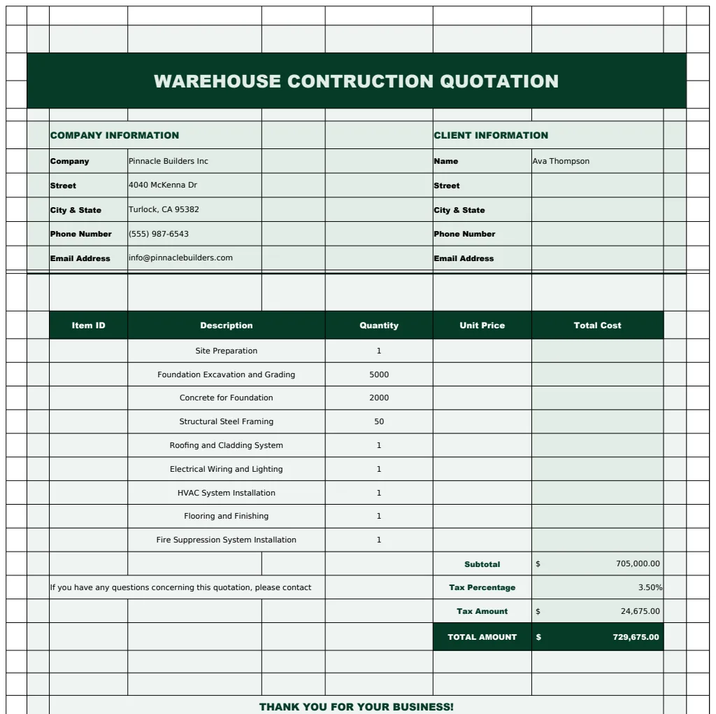 Warehouse Construction Quotation Template preview