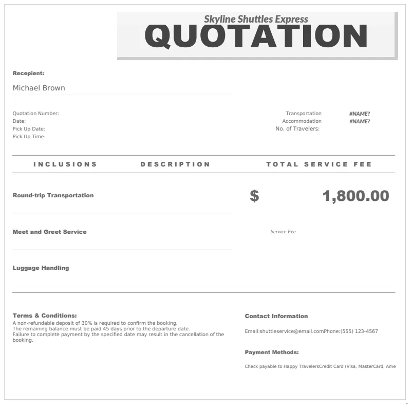 Airport Shuttle Service Quotation Template preview
