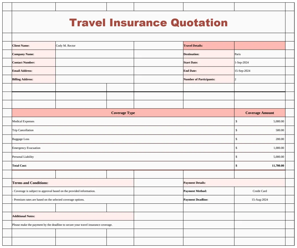 Travel Insurance Quotation Template preview