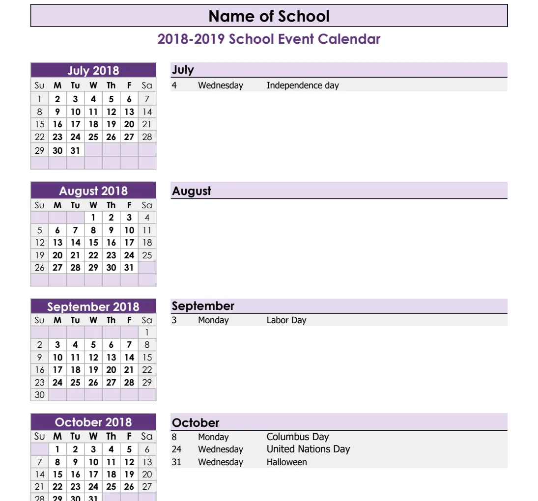 School Year Event Calendar preview