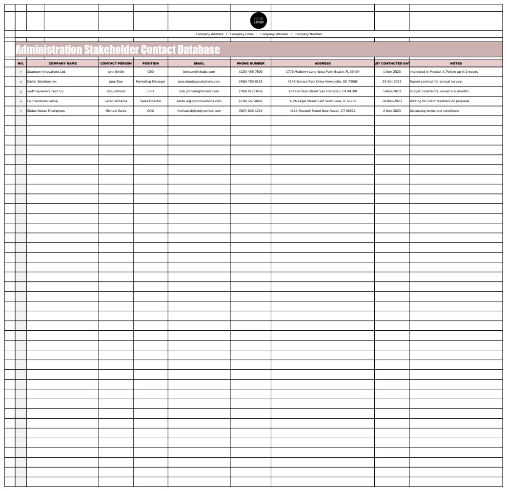 Administration Stakeholder Contact Database Template preview