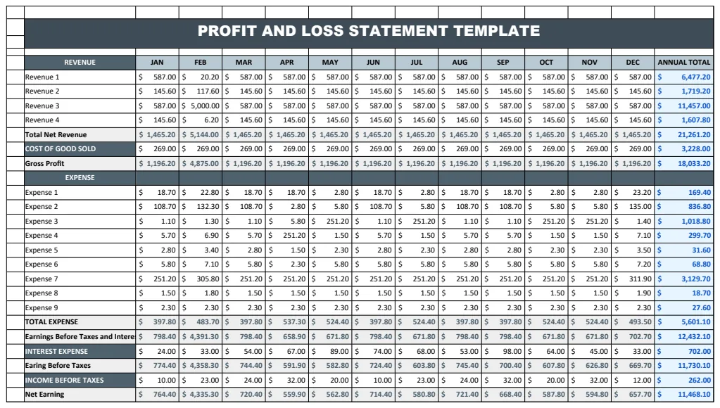 Profit and Loss Statement Template preview