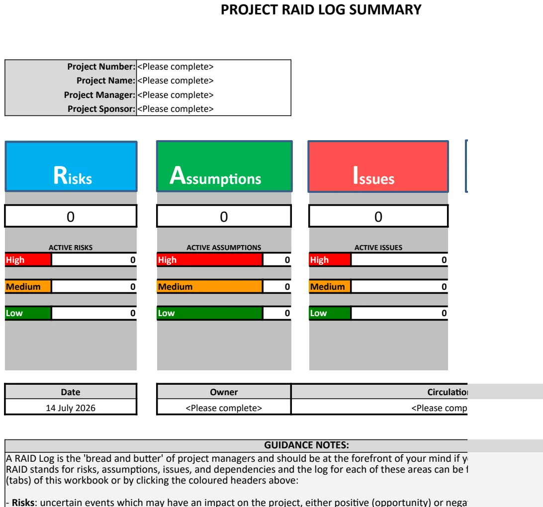 RAID Log Excel Template preview