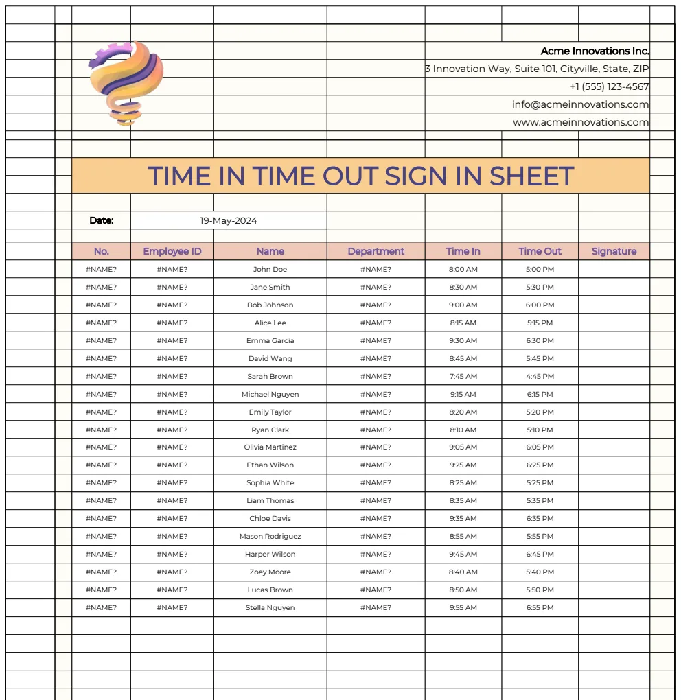 Time In Time Out Sign in Sheet Template preview