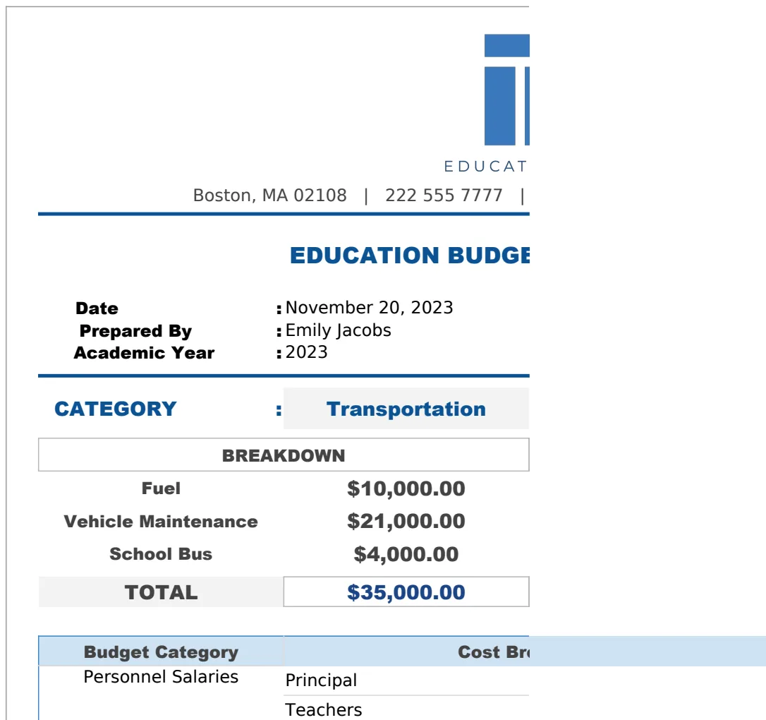 Education Budget Proposal Sheet Template template preview