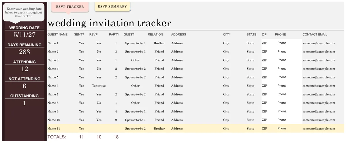 Wedding Invite Tracker template preview