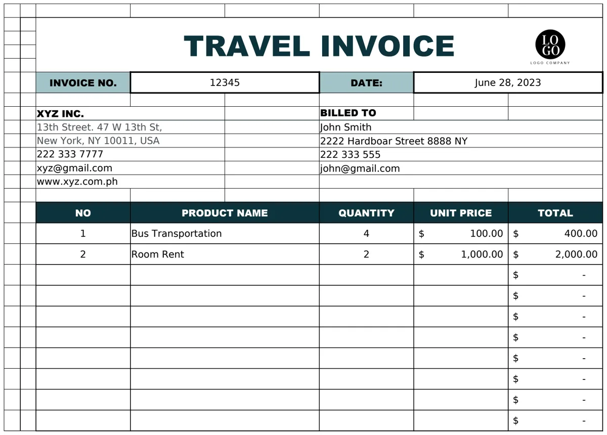 Travel Invoice Template preview