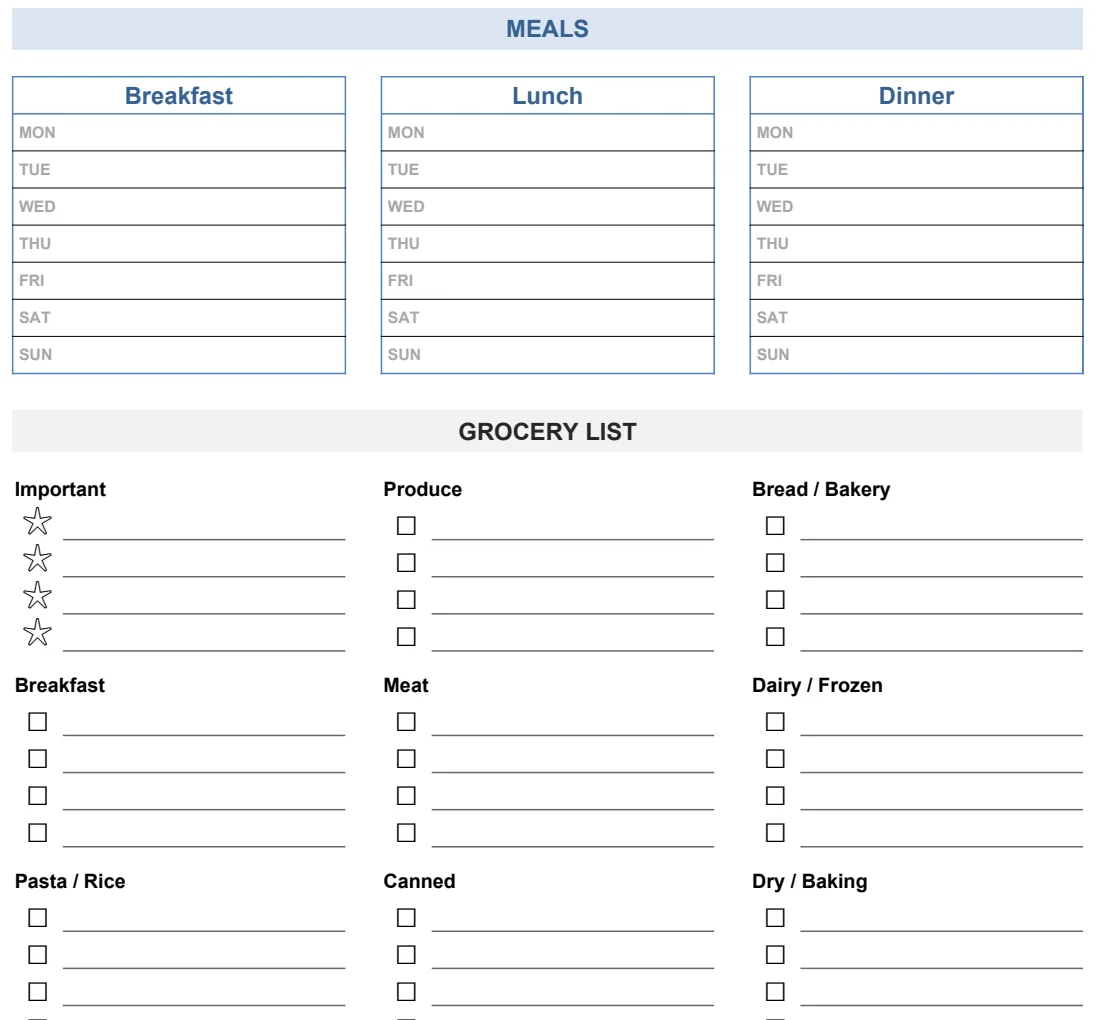 Grocery List with Meals Categorized preview