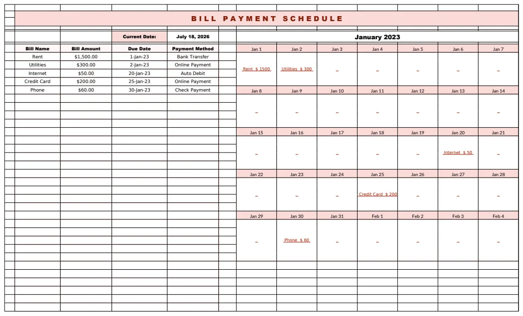 Bill Payment Schedule Template preview