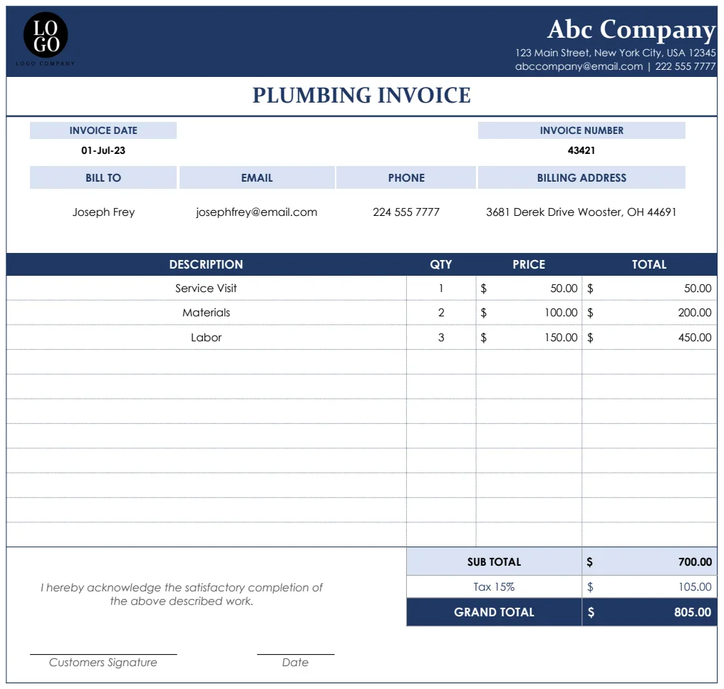 Plumbing Invoice Template preview