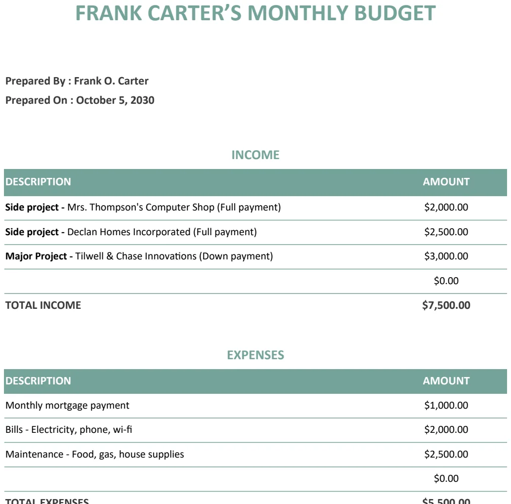 Free Sample Freelance Budget Template preview