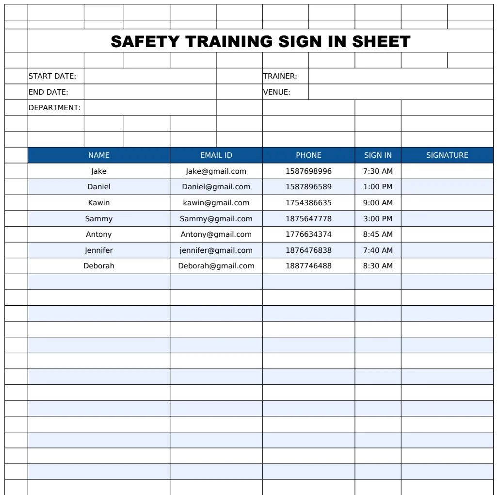 Safety Training Sign-In Sheet Template preview