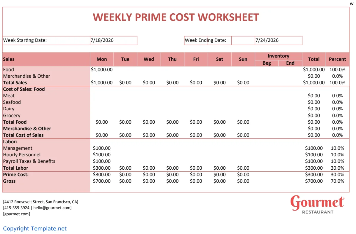 Weekly Prime Cost Worksheet preview