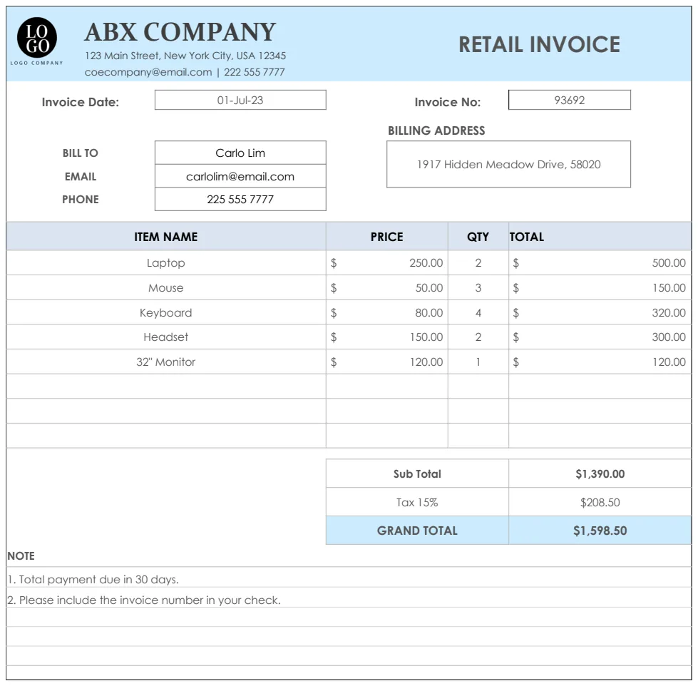 Retail Invoice Template preview
