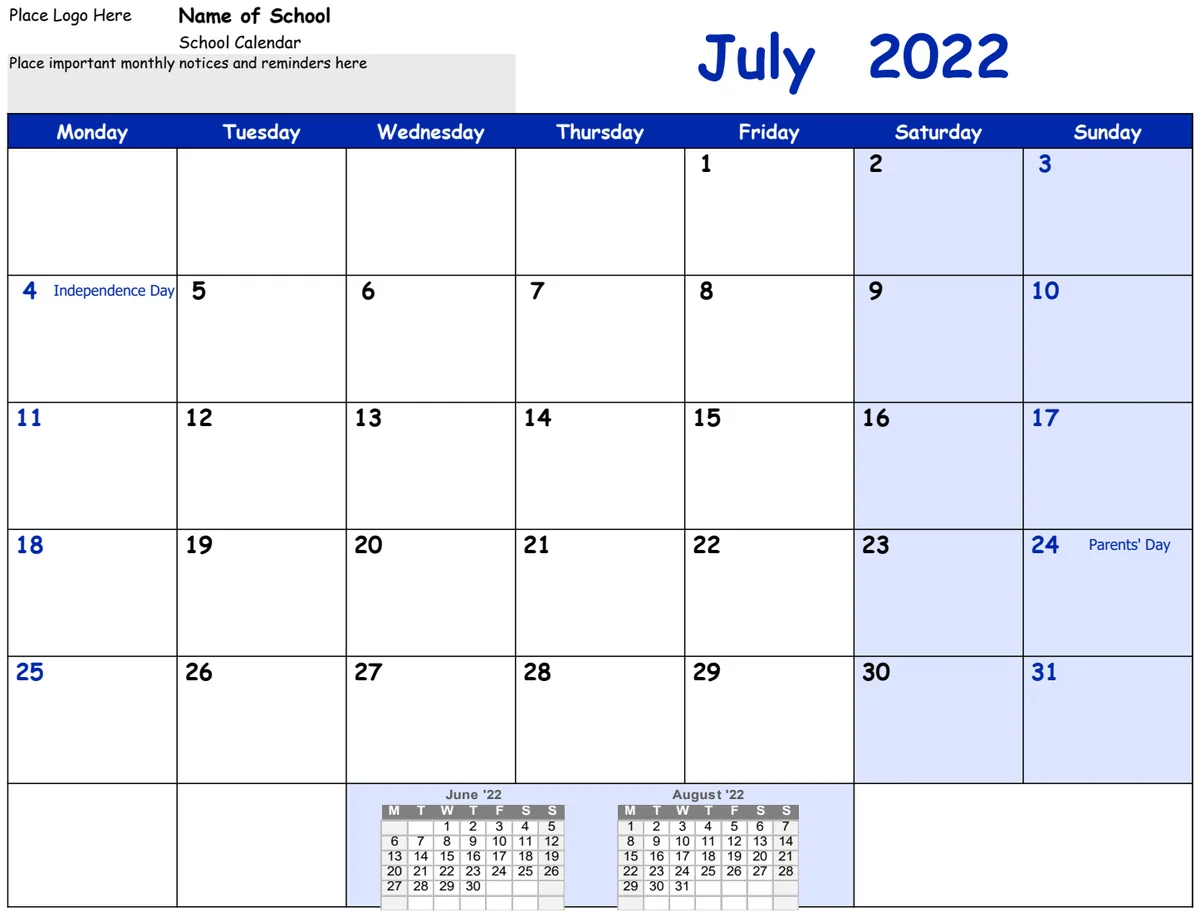 2022-2023 School Calendar (Monday Start) preview