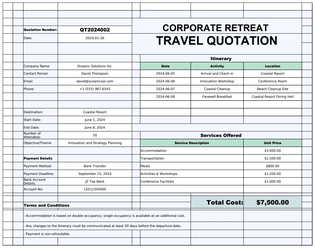 Corporate Retreat Travel Quotation Template preview