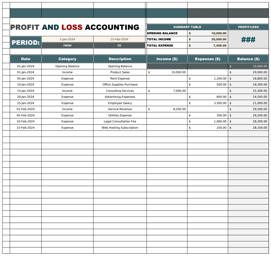 Profit and Loss Accounting Template preview