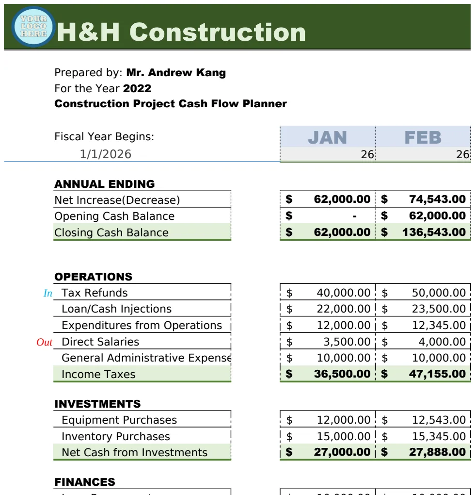 Construction Project Cash Flow Planner Template preview