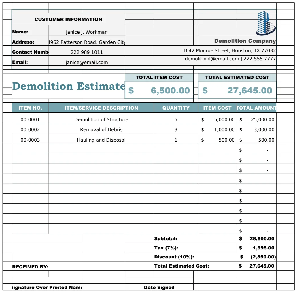 Demolition Estimate Template preview