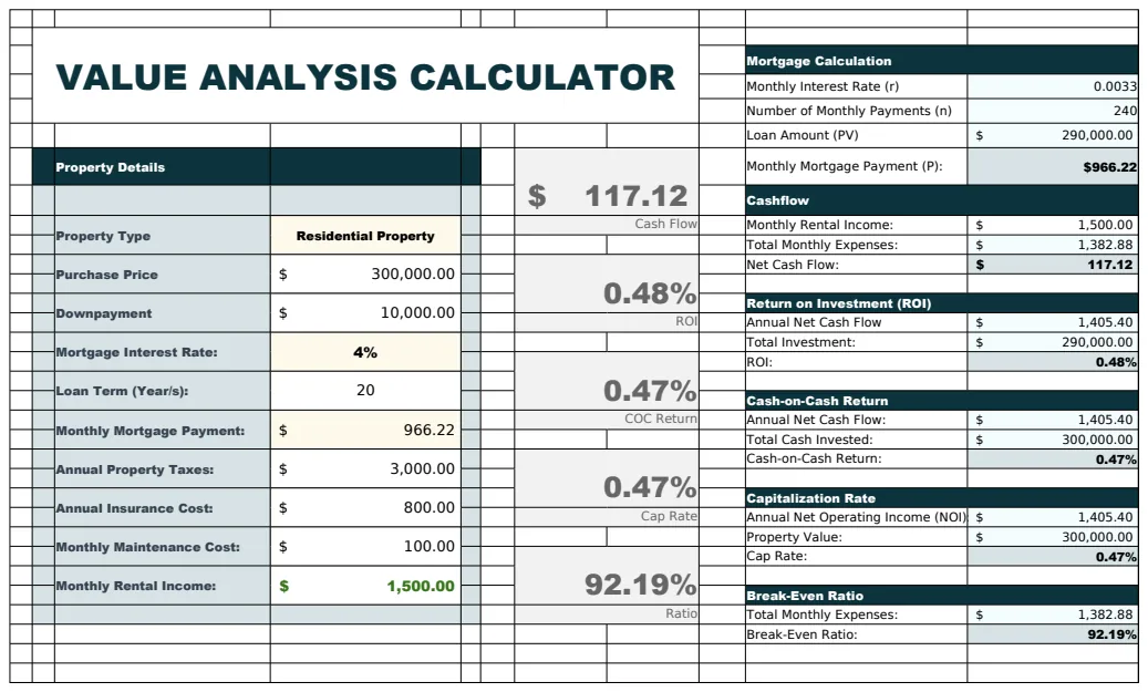 Value Analysis Calculator Template preview